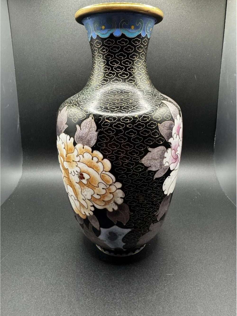Vintage Brass And Cloisonne Vase China - 8” Flowers Butterfly - Pink & Yellow
